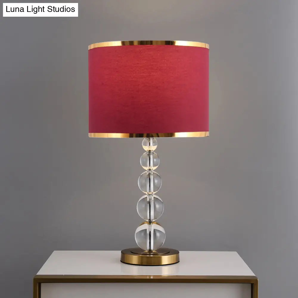 Traditional Burgundy/Beige Fabric Table Lamp With Crystal Post Drum Shade Nightstand Light