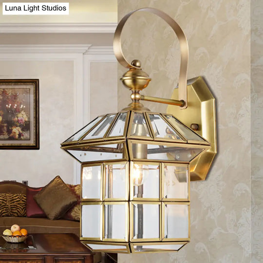 Traditional Cage Metal Sconce Light - Brass Bedroom Wall Fixture With 1-Bulb