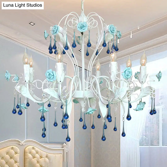 Traditional Candelabra Ceiling Chandelier With Clear Crystal Glass - 8 Pink/Blue Hanging Lights For