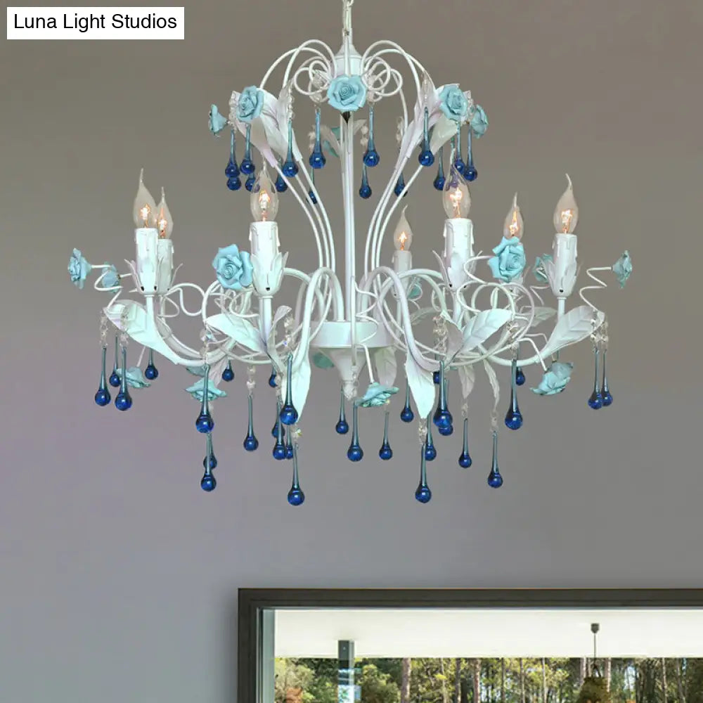 Traditional Candelabra Ceiling Chandelier With Clear Crystal Glass - 8 Pink/Blue Hanging Lights For