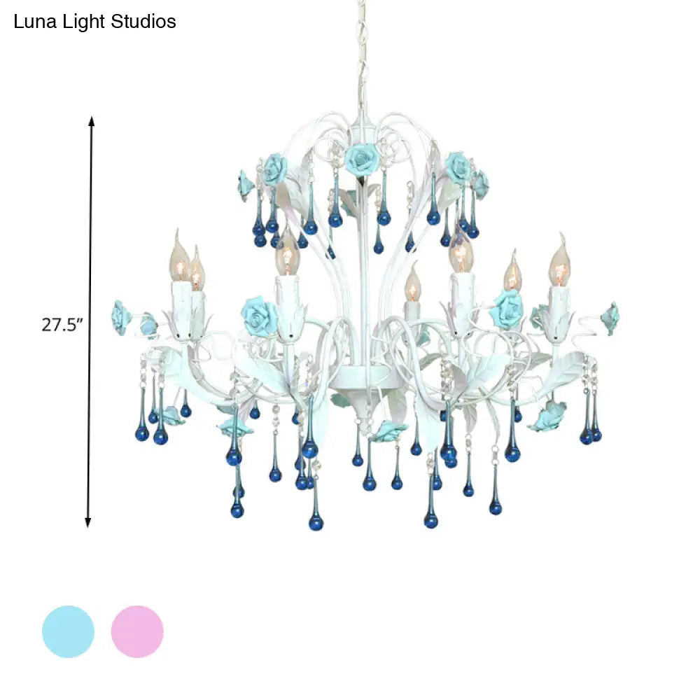 Traditional Candelabra Ceiling Chandelier With Clear Crystal Glass - 8 Pink/Blue Hanging Lights For