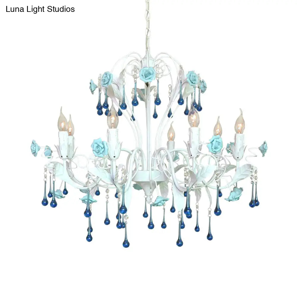 Traditional Candelabra Ceiling Chandelier With Clear Crystal Glass - 8 Pink/Blue Hanging Lights For