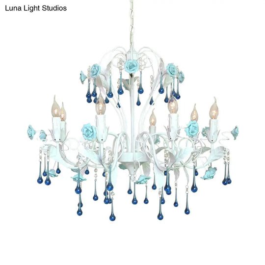 Traditional Candelabra Ceiling Chandelier With Clear Crystal Glass - 8 Pink/Blue Hanging Lights For