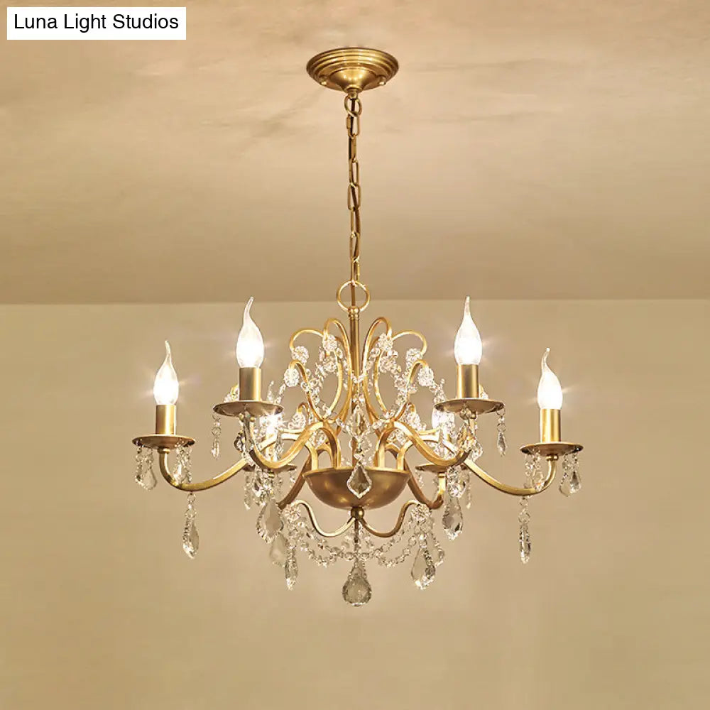 Traditional Candelabra Crystal Chandelier In Gold - 6 Heads Water Drop Design