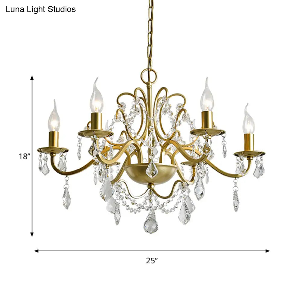 Traditional Candelabra Crystal Chandelier In Gold - 6 Heads Water Drop Design