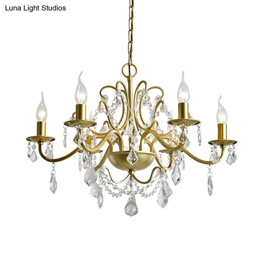 Traditional Candelabra Crystal Chandelier In Gold - 6 Heads Water Drop Design