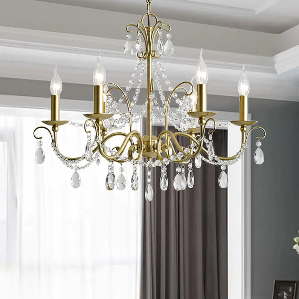 Traditional Candle Hanging Lamp - Metal Chandelier With Crystal Decor In Champagne (3/6 Heads) 6 /