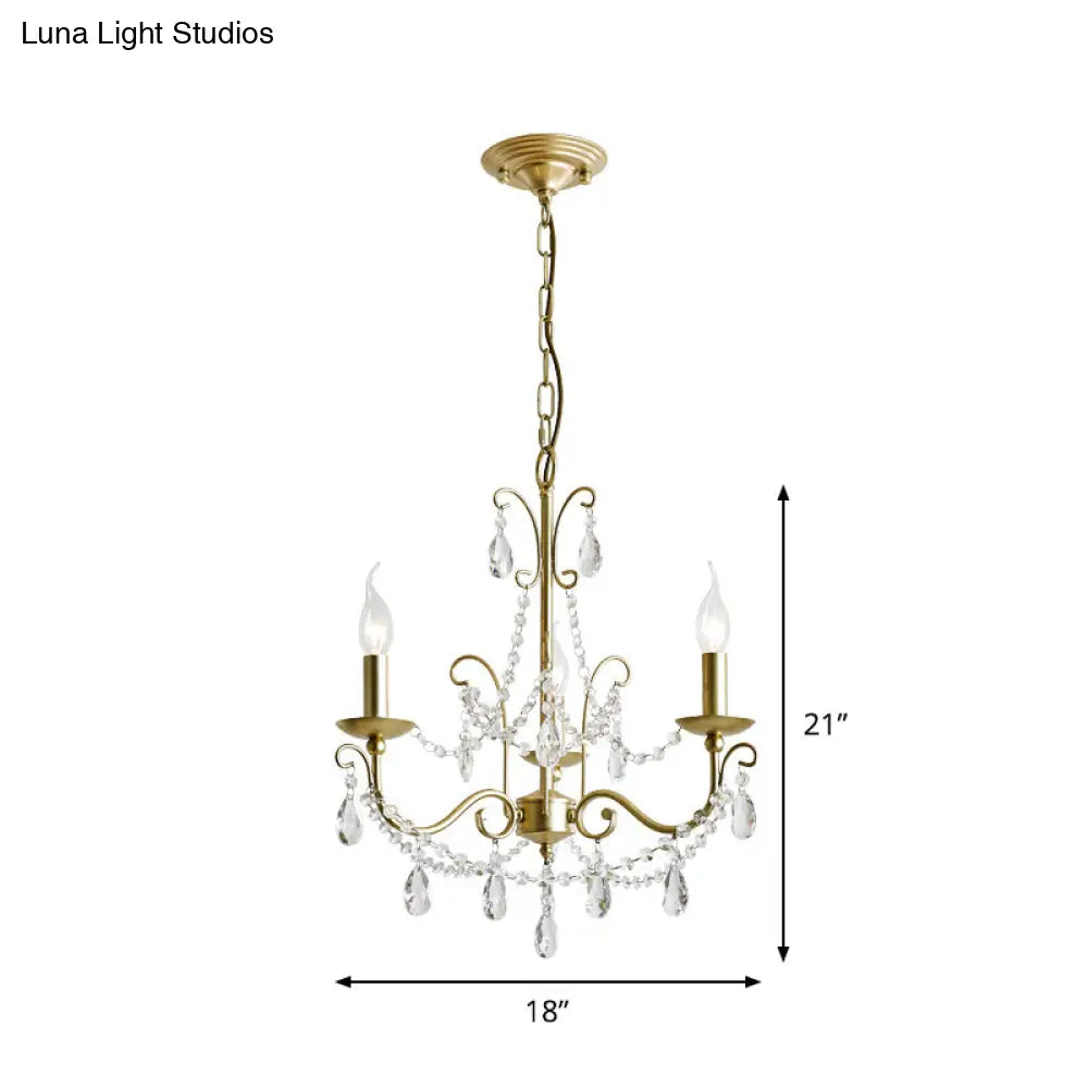 Traditional Candle Hanging Lamp Metal Chandelier (3/6 Heads) In Champagne With Crystal Decor