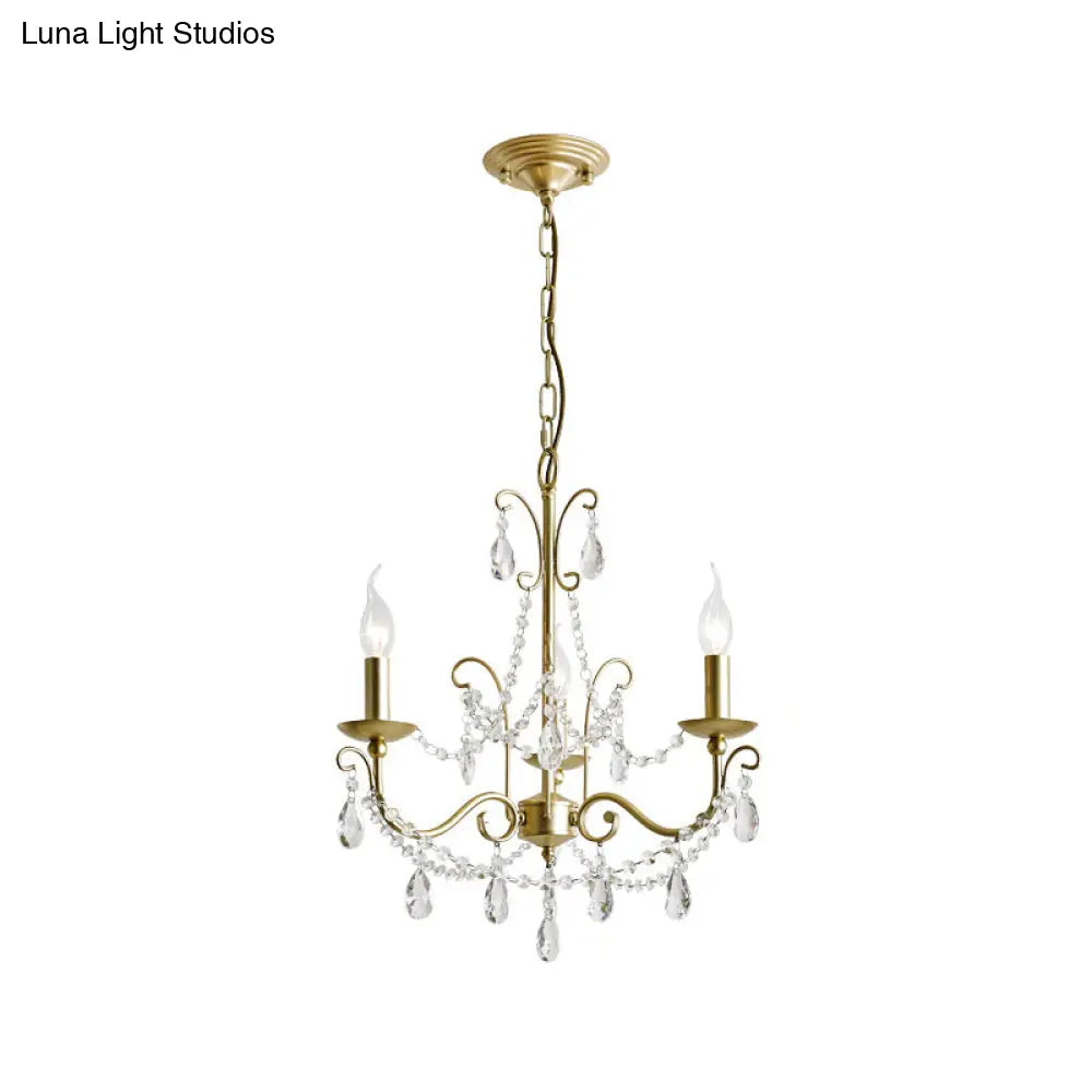 Traditional Candle Hanging Lamp Metal Chandelier (3/6 Heads) In Champagne With Crystal Decor