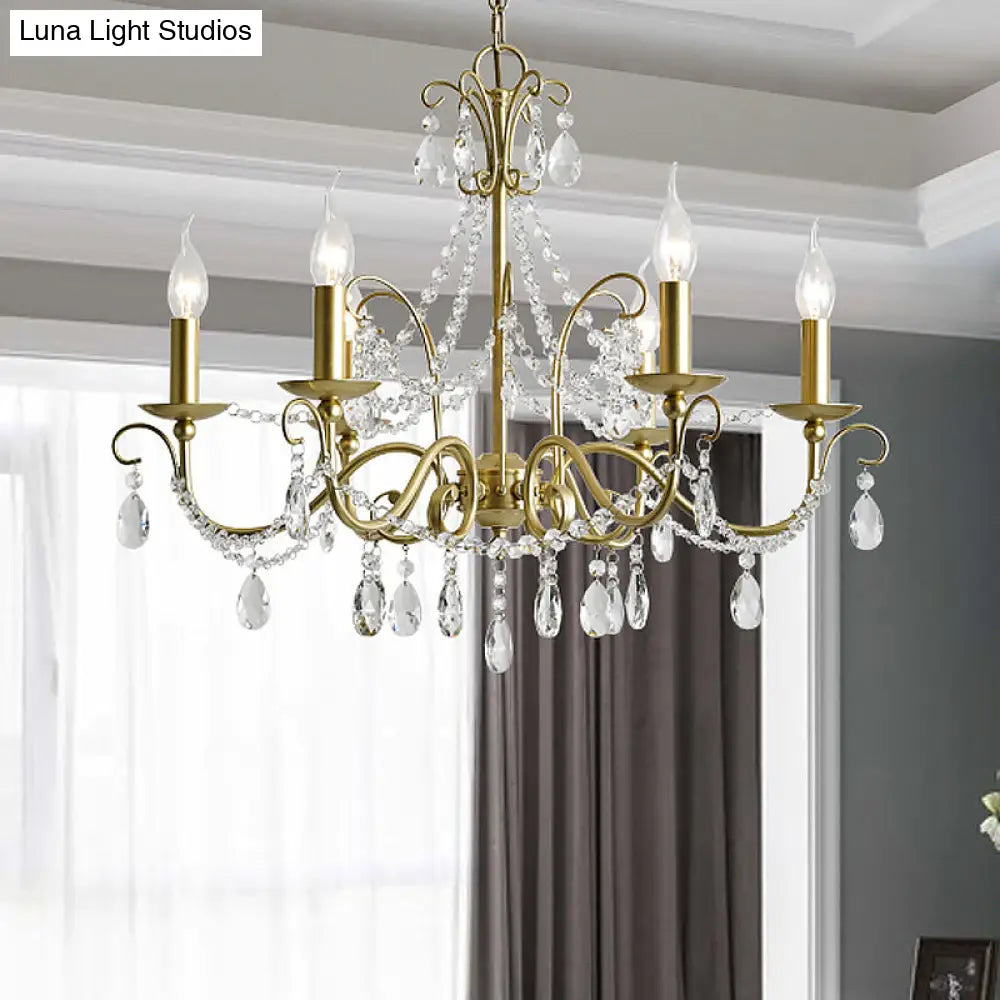 Traditional Candle Hanging Lamp Metal Chandelier (3/6 Heads) In Champagne With Crystal Decor 6 /