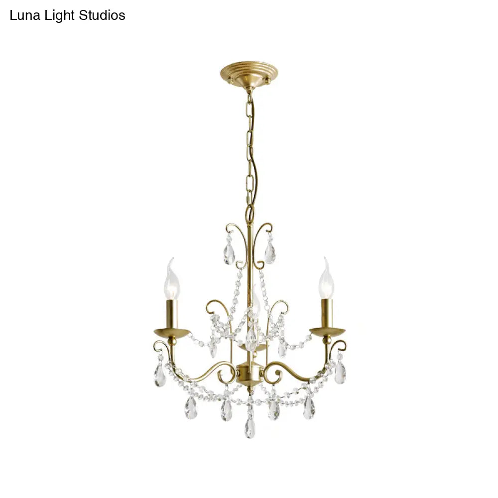 Traditional Candle Hanging Lamp - Metal Chandelier With Crystal Decor In Champagne (3/6 Heads)