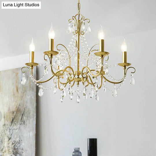 Traditional Candle Hanging Lamp Metal Chandelier (3/6 Heads) In Champagne With Crystal Decor