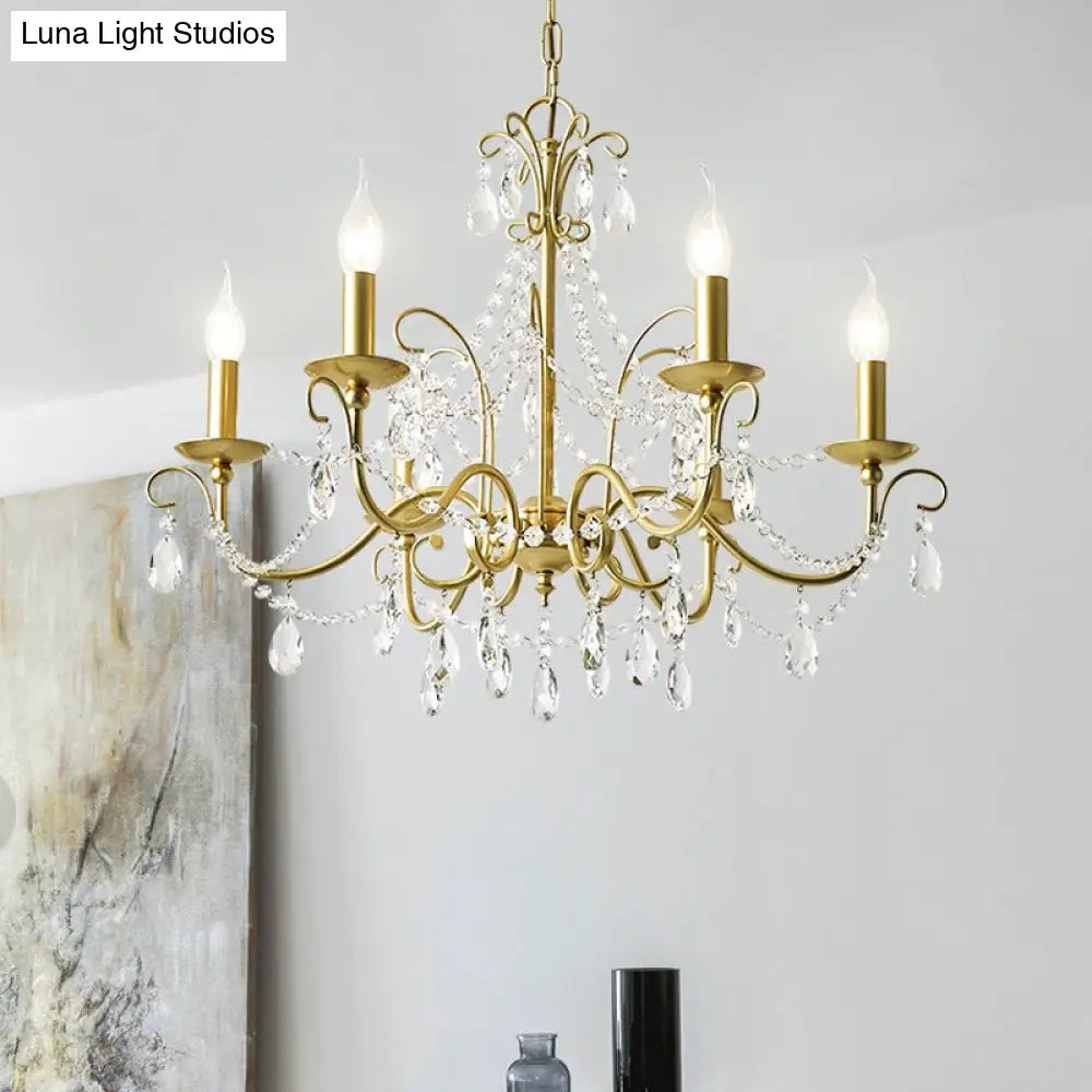 Traditional Candle Hanging Lamp - Metal Chandelier With Crystal Decor In Champagne (3/6 Heads)