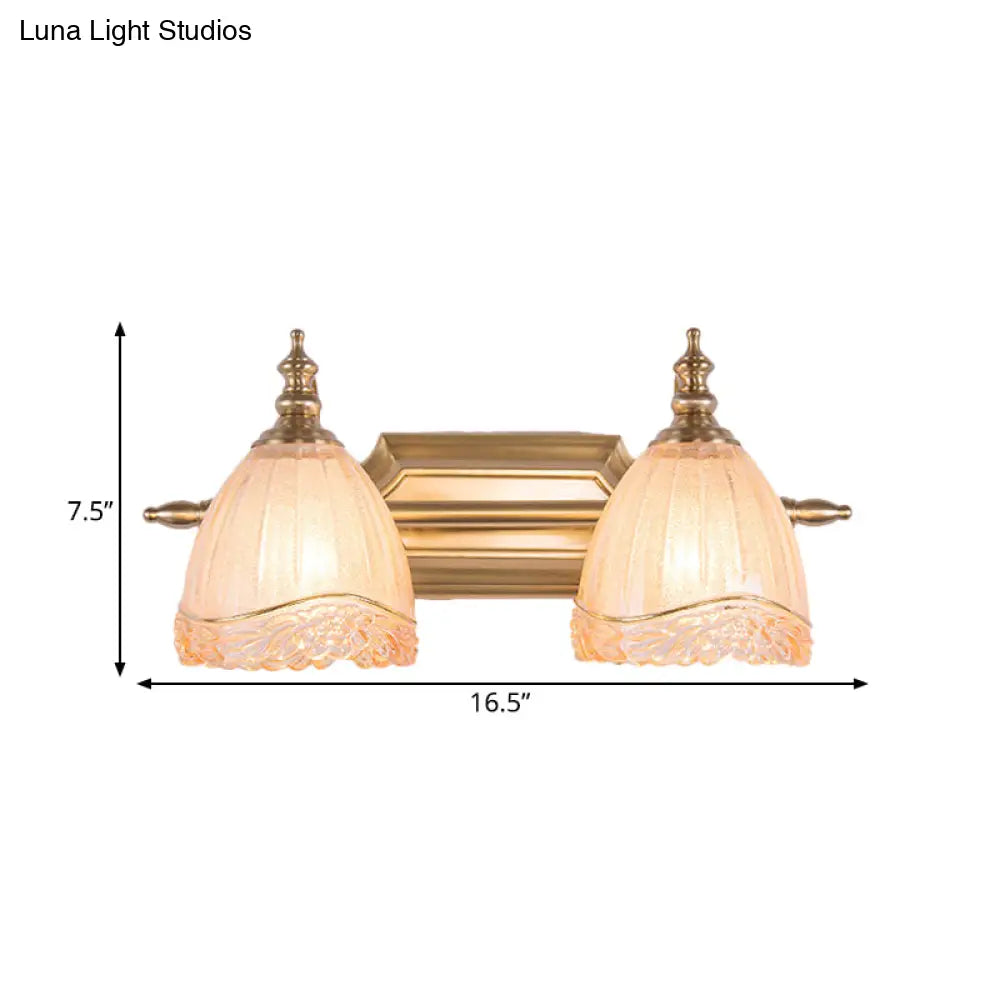 Traditional Carved Glass Brass Wall Sconce Lamp With 2 Vanity Lights For Bathroom