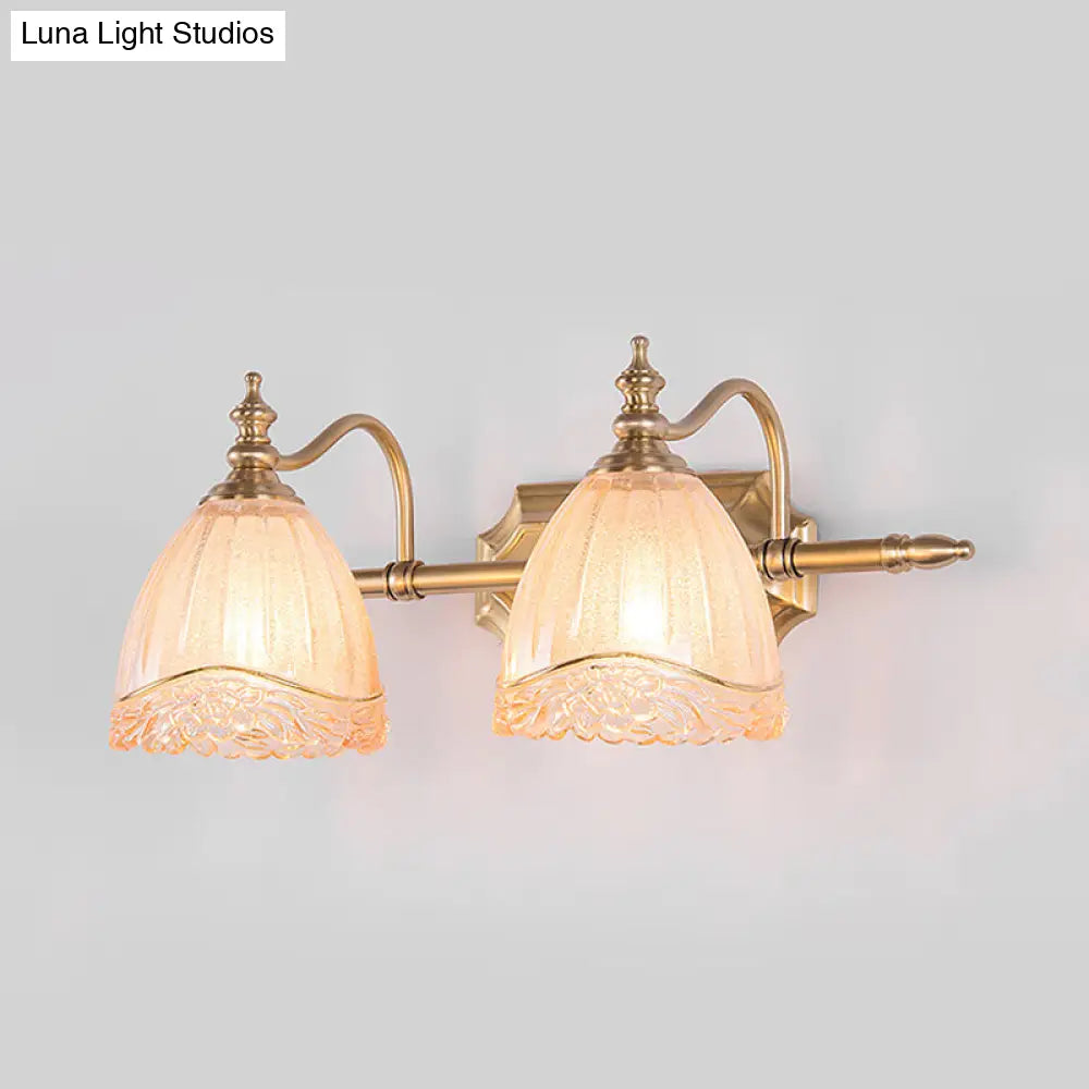 Traditional Carved Glass Brass Wall Sconce Lamp With 2 Vanity Lights For Bathroom