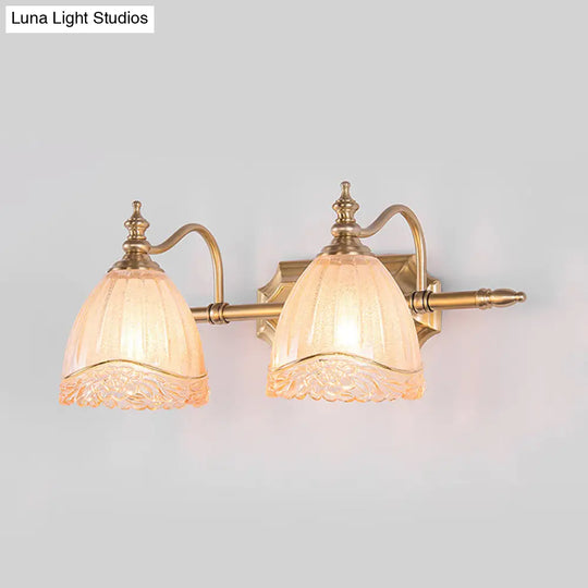 Traditional Carved Glass Brass Wall Sconce Lamp With 2 Vanity Lights For Bathroom