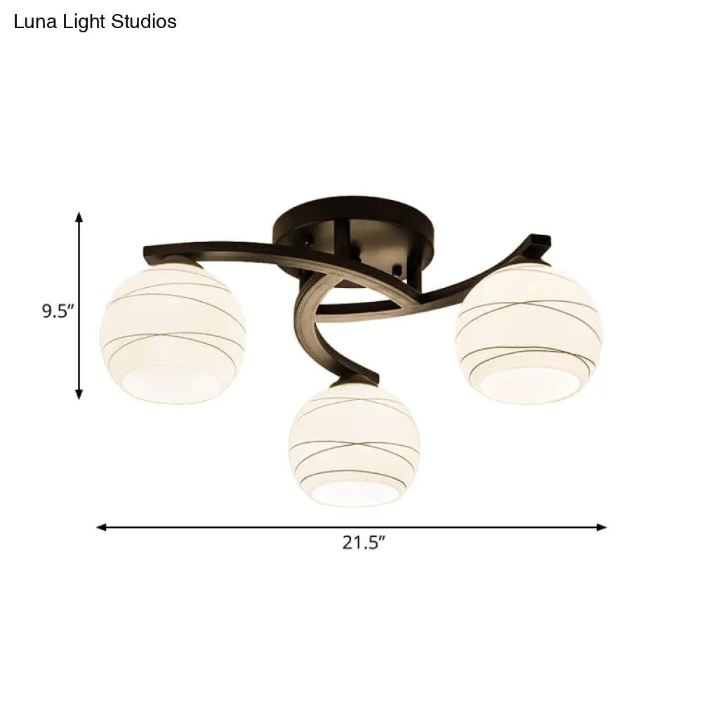 Traditional Ceiling Mount Light: Black Semi Flush With White Glass - Ideal For Corridor (3/5/8