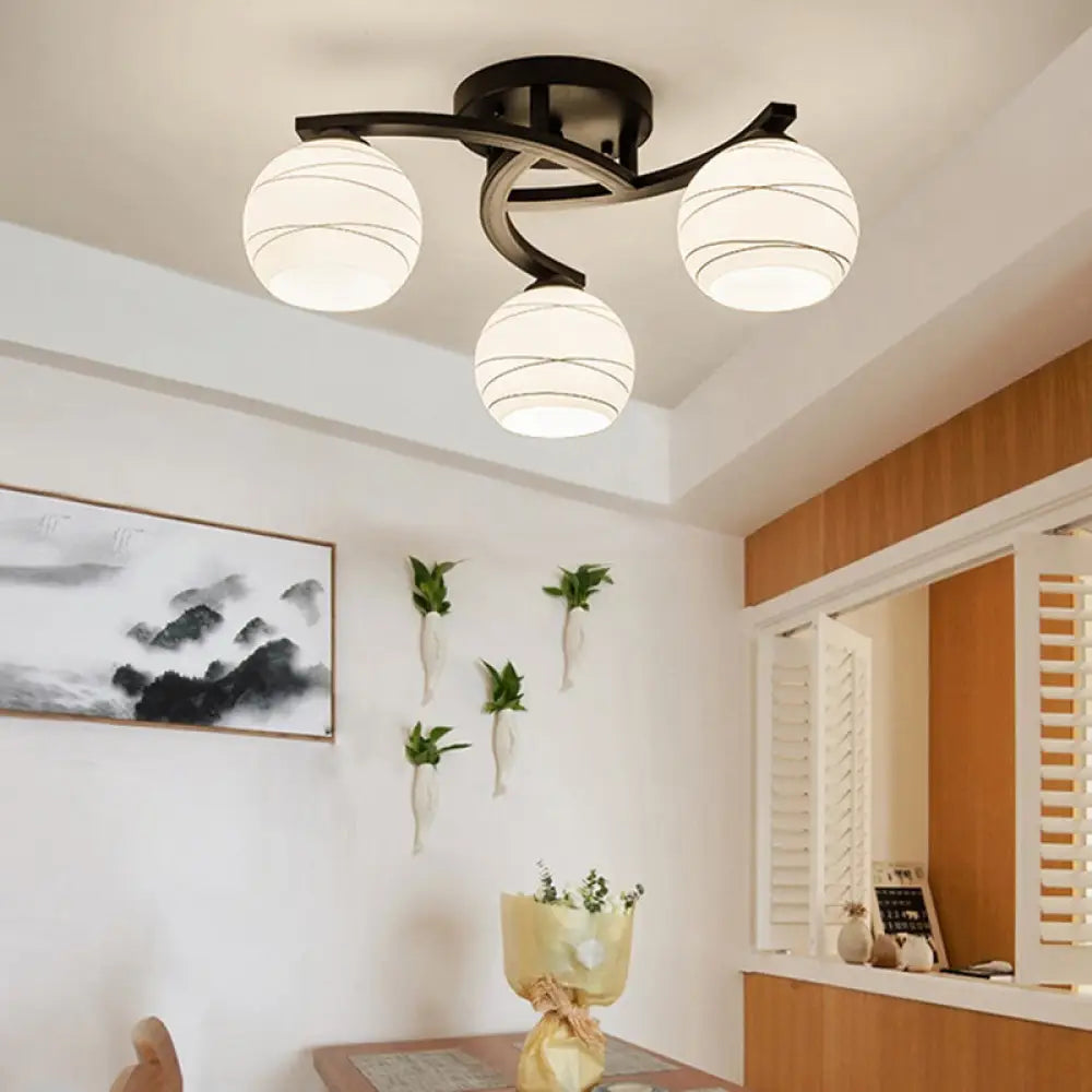 Traditional Ceiling Mount Light: Black Semi Flush With White Glass - Ideal For Corridor (3/5/8