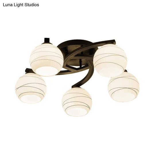 Traditional Ceiling Mount Light: Black Semi Flush With White Glass - Ideal For Corridor (3/5/8