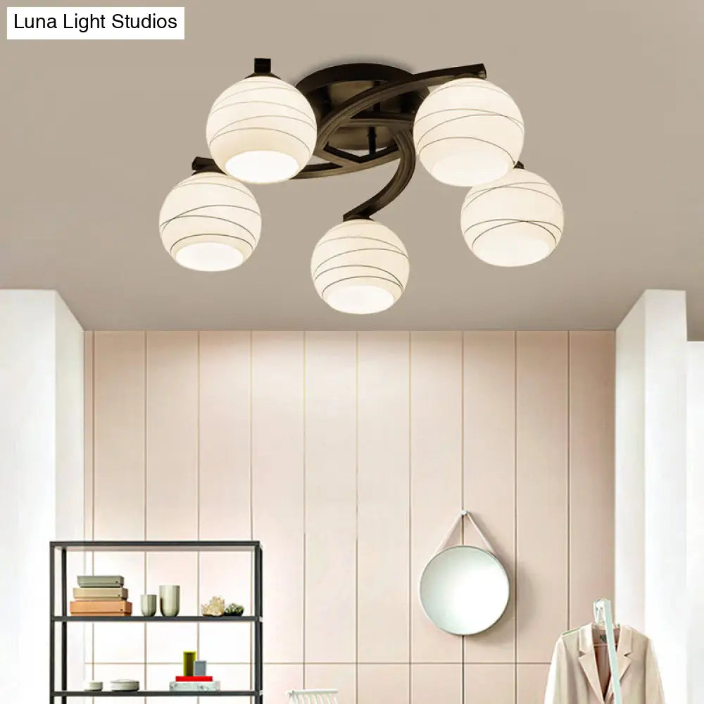 Sleek Black Semi Flush Ceiling Light With Spherical White Glass - Ideal For Corridors 5 /