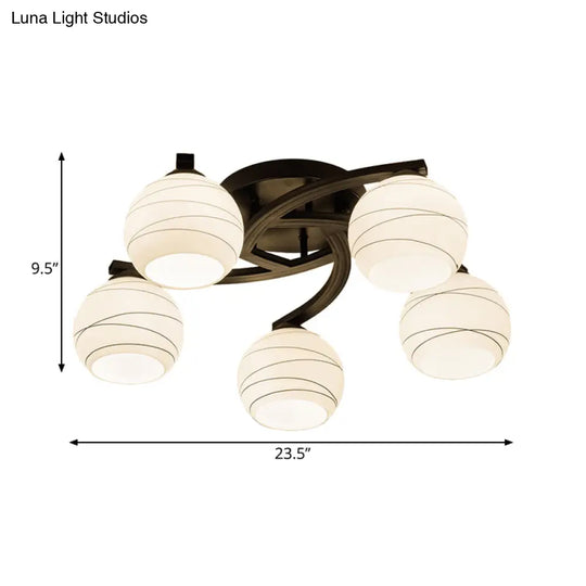 Traditional Ceiling Mount Light: Black Semi Flush With White Glass - Ideal For Corridor (3/5/8