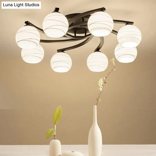 Traditional Ceiling Mount Light: Black Semi Flush With White Glass - Ideal For Corridor (3/5/8