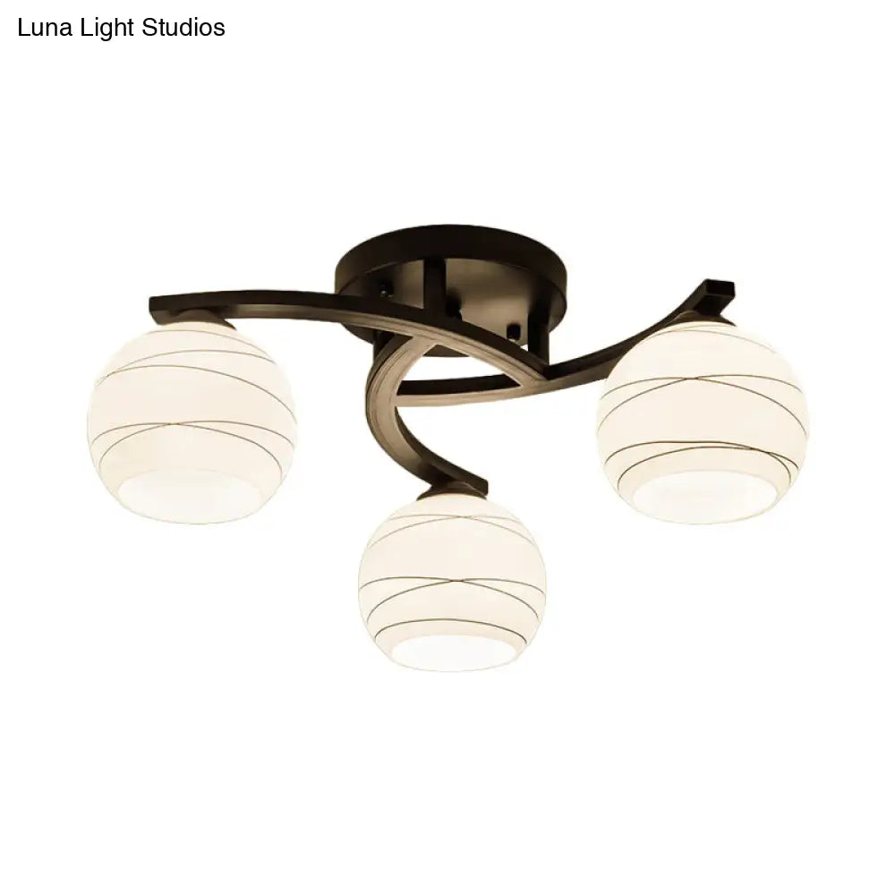 Sleek Black Semi Flush Ceiling Light With Spherical White Glass - Ideal For Corridors