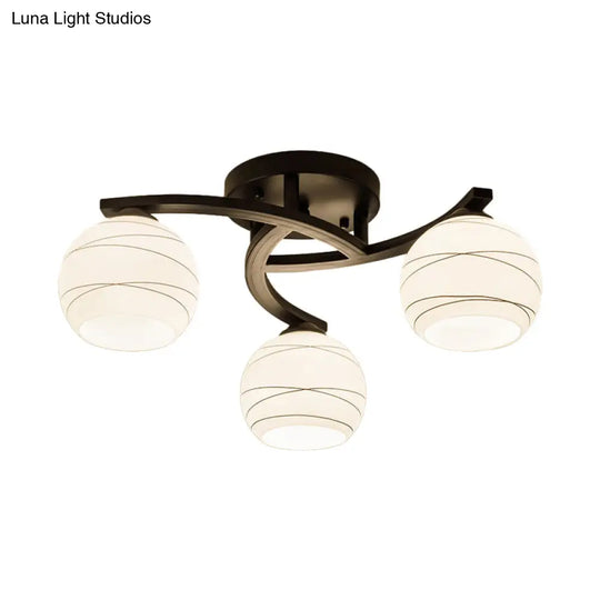 Traditional Ceiling Mount Light: Black Semi Flush With White Glass - Ideal For Corridor (3/5/8