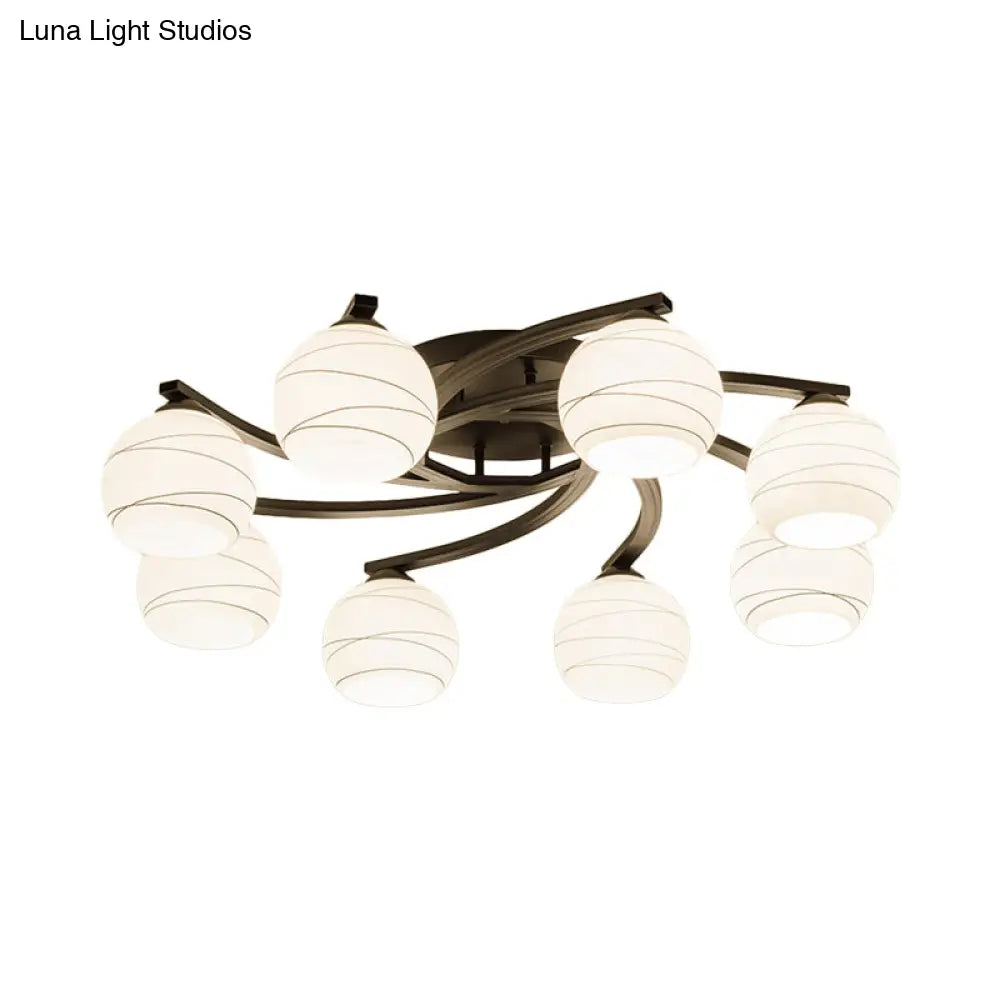 Traditional Ceiling Mount Light: Black Semi Flush With White Glass - Ideal For Corridor (3/5/8