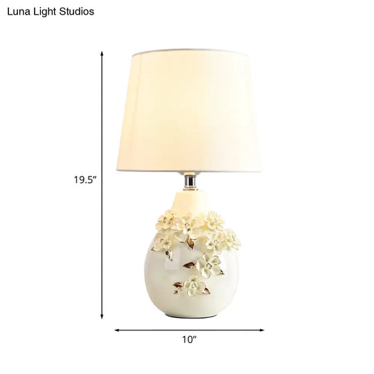 Traditional Ceramic White Table Lamp With Magnolia Embellished Vase Single Night Light Shade 18/19.5