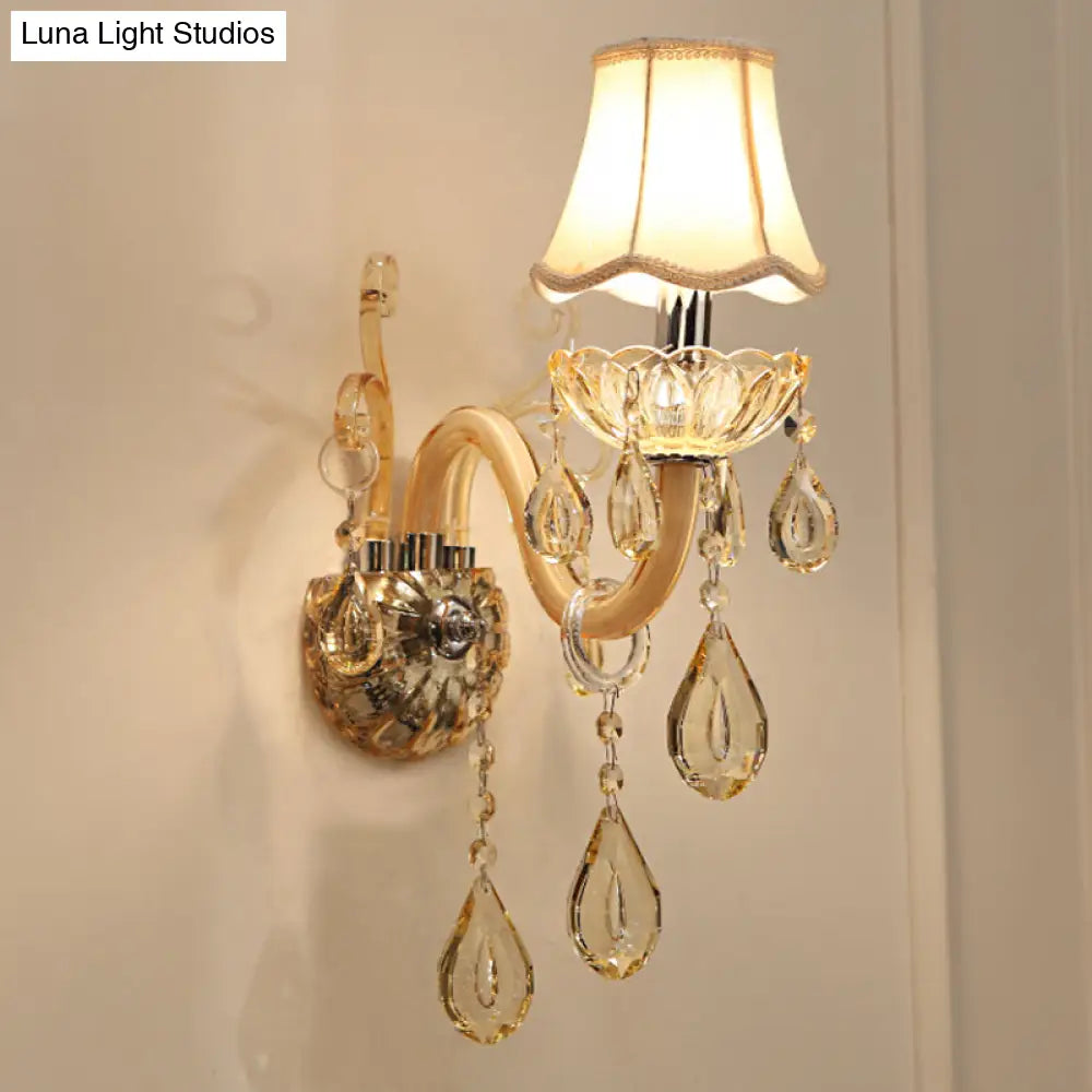 Traditional Champagne Crystal Wall Sconce With Swirled Arm Flared Fabric Shade And 1/2-Head Design