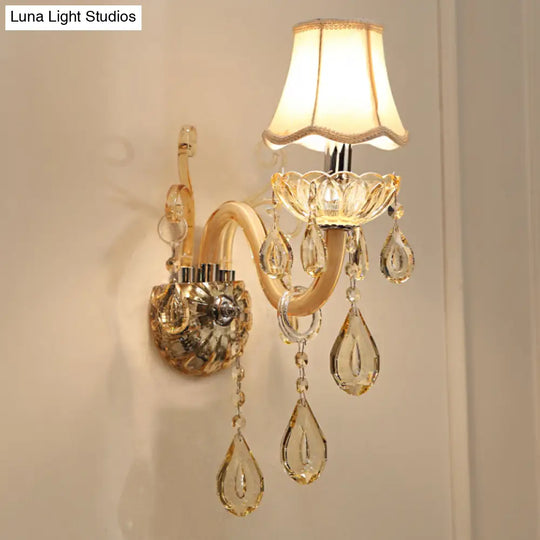 Traditional Champagne Crystal Wall Sconce With Swirled Arm Flared Fabric Shade And 1/2-Head Design