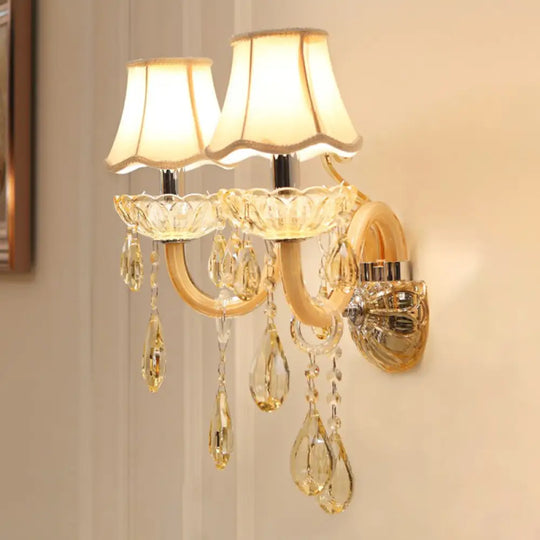 Traditional Champagne Crystal Wall Sconce With Swirled Arm Flared Fabric Shade And 1/2-Head Design 2