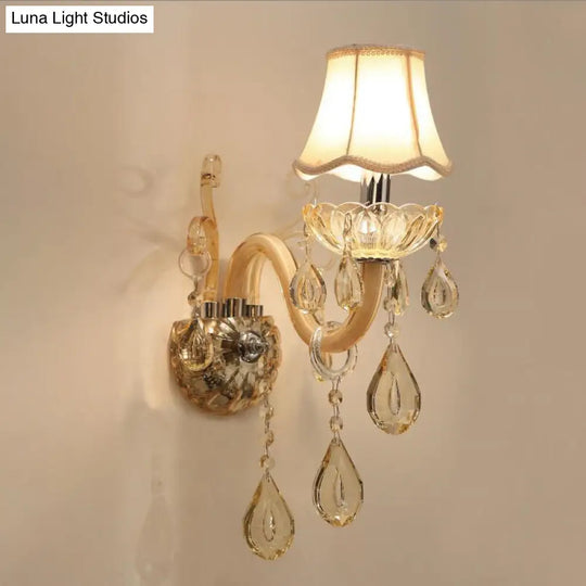 Traditional Champagne Crystal Wall Sconce With Swirled Arm Flared Fabric Shade And 1/2-Head Design