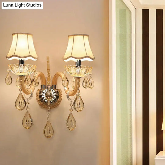 Traditional Champagne Crystal Wall Sconce With Swirled Arm Flared Fabric Shade And 1/2-Head Design