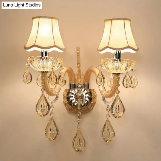 Traditional Champagne Crystal Wall Sconce With Swirled Arm Flared Fabric Shade And 1/2-Head Design