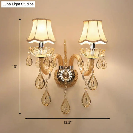 Traditional Champagne Crystal Wall Sconce With Swirled Arm Flared Fabric Shade And 1/2-Head Design