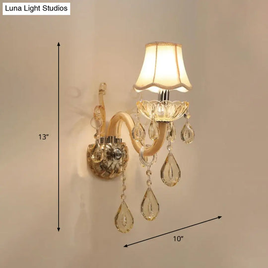 Traditional Champagne Crystal Wall Sconce With Swirled Arm Flared Fabric Shade And 1/2-Head Design