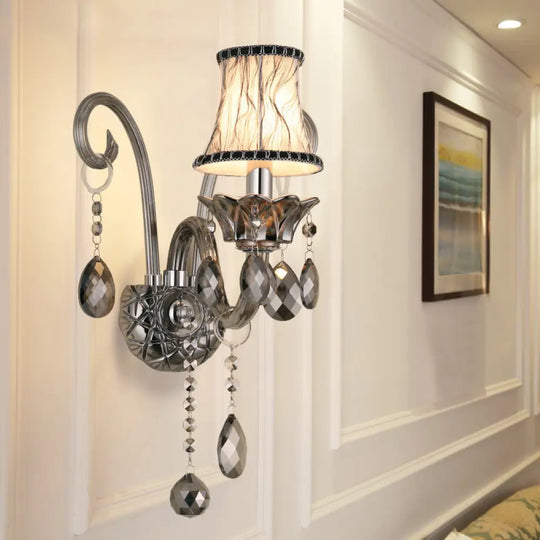 Traditional Chrome Bell Fabric Wall Sconce With Crystal Draping - Bedroom Mounted Light 1 /