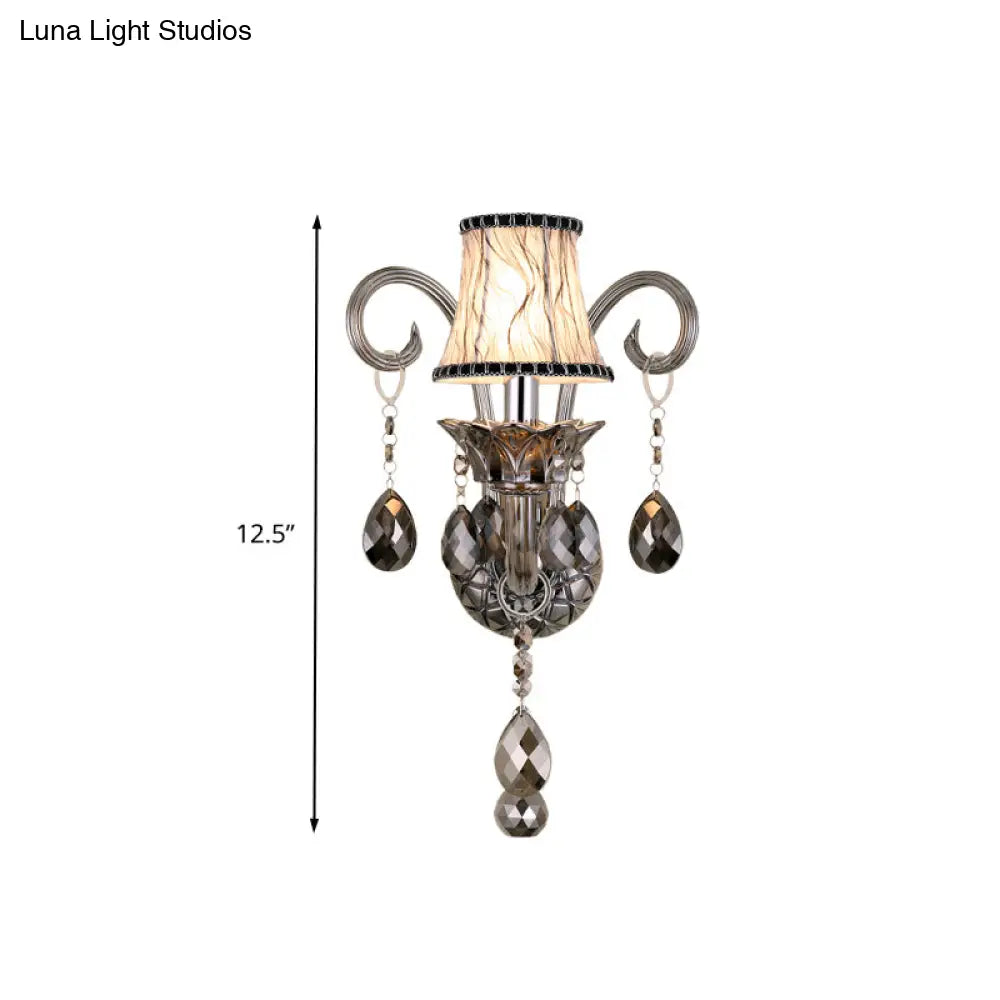 Traditional Chrome Bell Fabric Wall Sconce With Crystal Draping - Bedroom Mounted Light