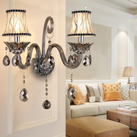 Traditional Chrome Bell Fabric Wall Sconce With Crystal Draping - Bedroom Mounted Light 2 /