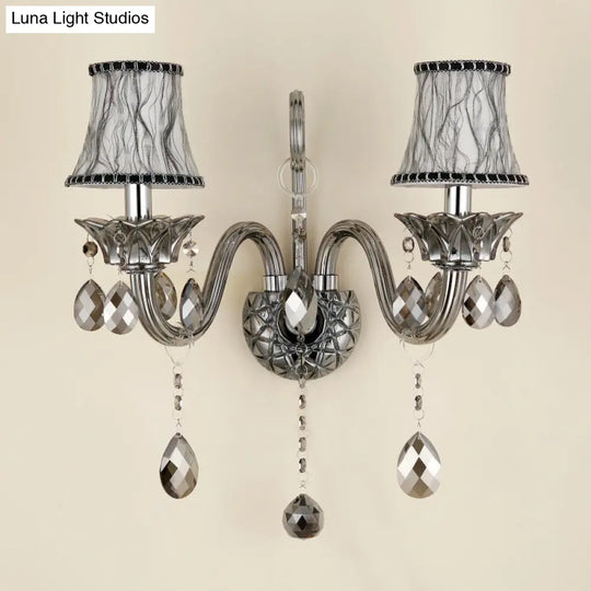 Traditional Chrome Bell Fabric Wall Sconce With Crystal Draping - Bedroom Mounted Light