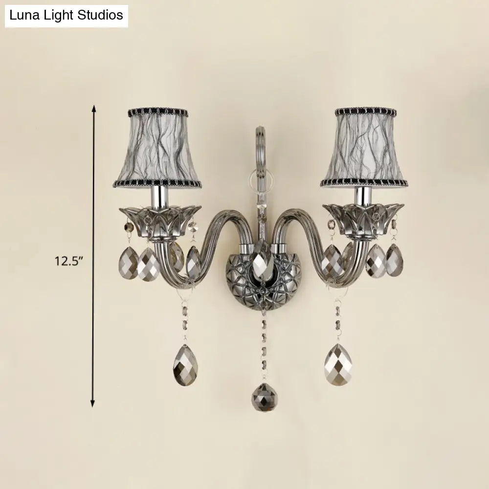 Traditional Chrome Bell Fabric Wall Sconce With Crystal Draping - Bedroom Mounted Light