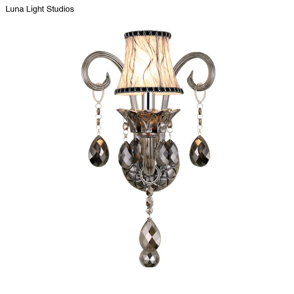 Traditional Chrome Bell Fabric Wall Sconce With Crystal Draping - Bedroom Mounted Light