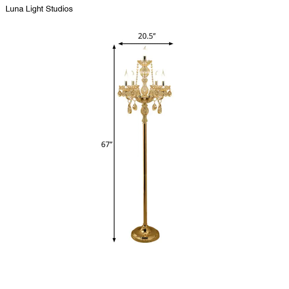 Traditional Clear Crystal Candlestick Floor Lamp With White Shade - Gold Standing Light