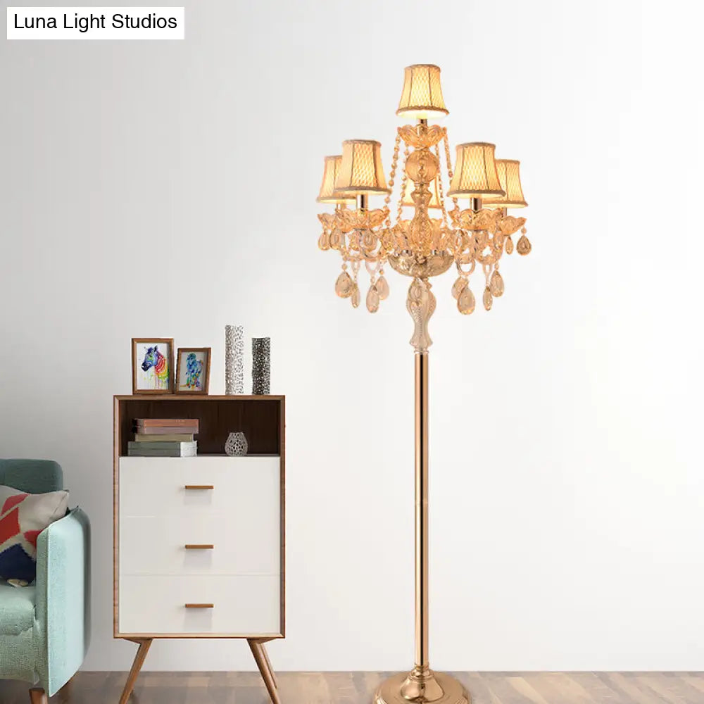 Traditional Clear Crystal Candlestick Floor Lamp With White Shade - Gold Standing Light