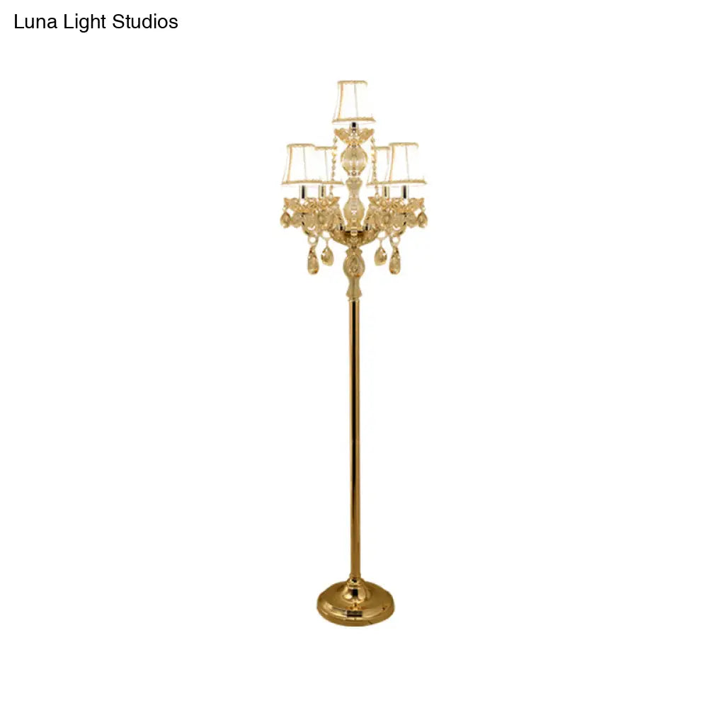 Traditional Clear Crystal Candlestick Floor Lamp With White Shade - Gold Standing Light