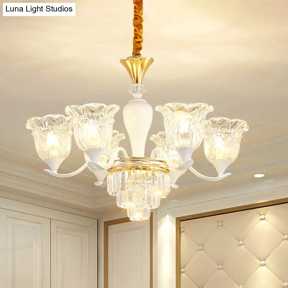 Traditional Clear Crystal Glass Chandelier Lamp - Blossom Bedroom Pendant (3/6-Head) In Gold