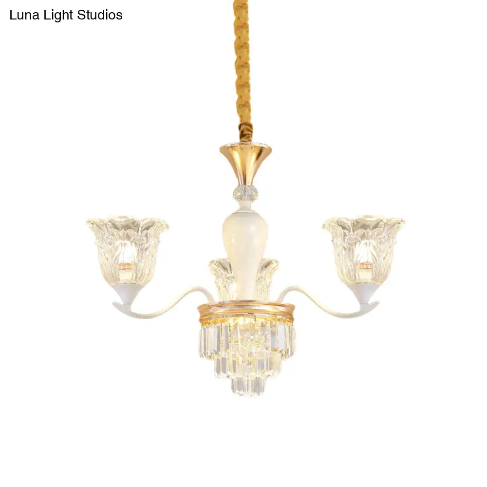 Traditional Clear Crystal Glass Chandelier Lamp - Blossom Bedroom Pendant (3/6-Head) In Gold