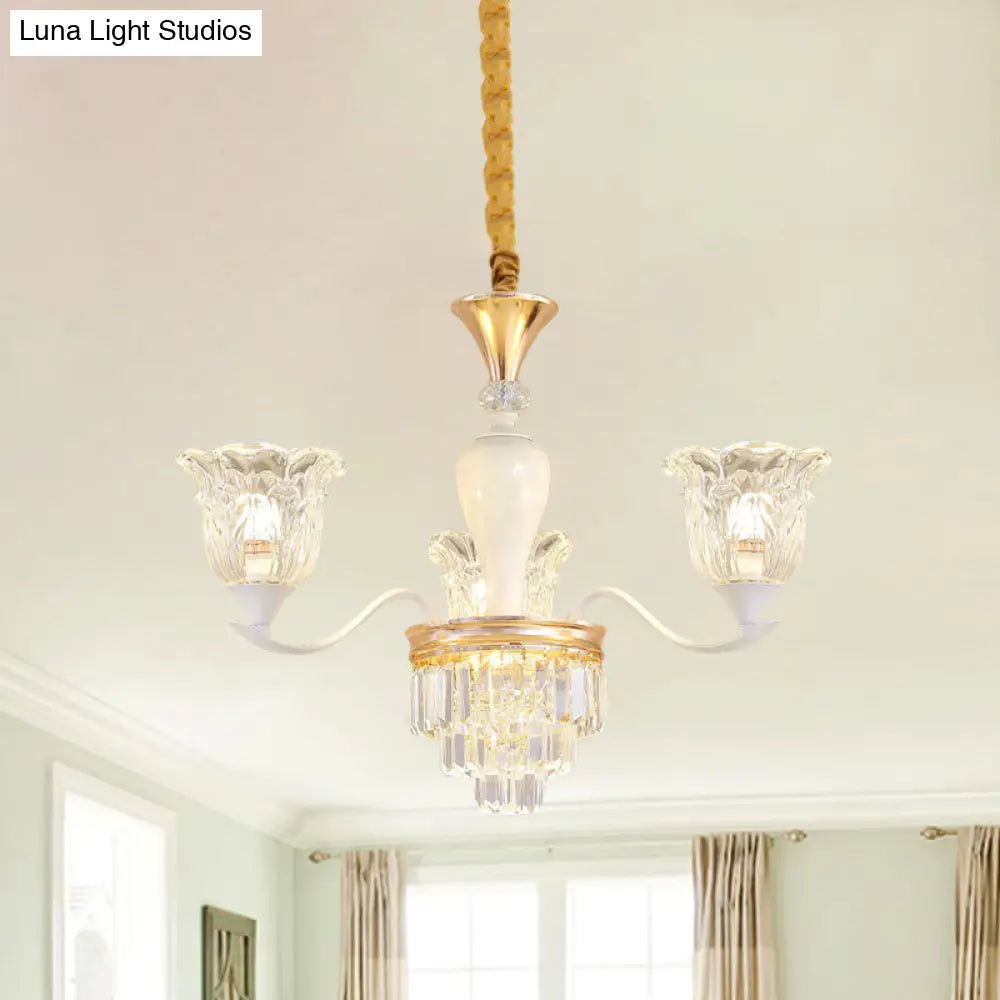 Traditional Clear Crystal Glass Chandelier Lamp - Blossom Bedroom Pendant (3/6-Head) In Gold